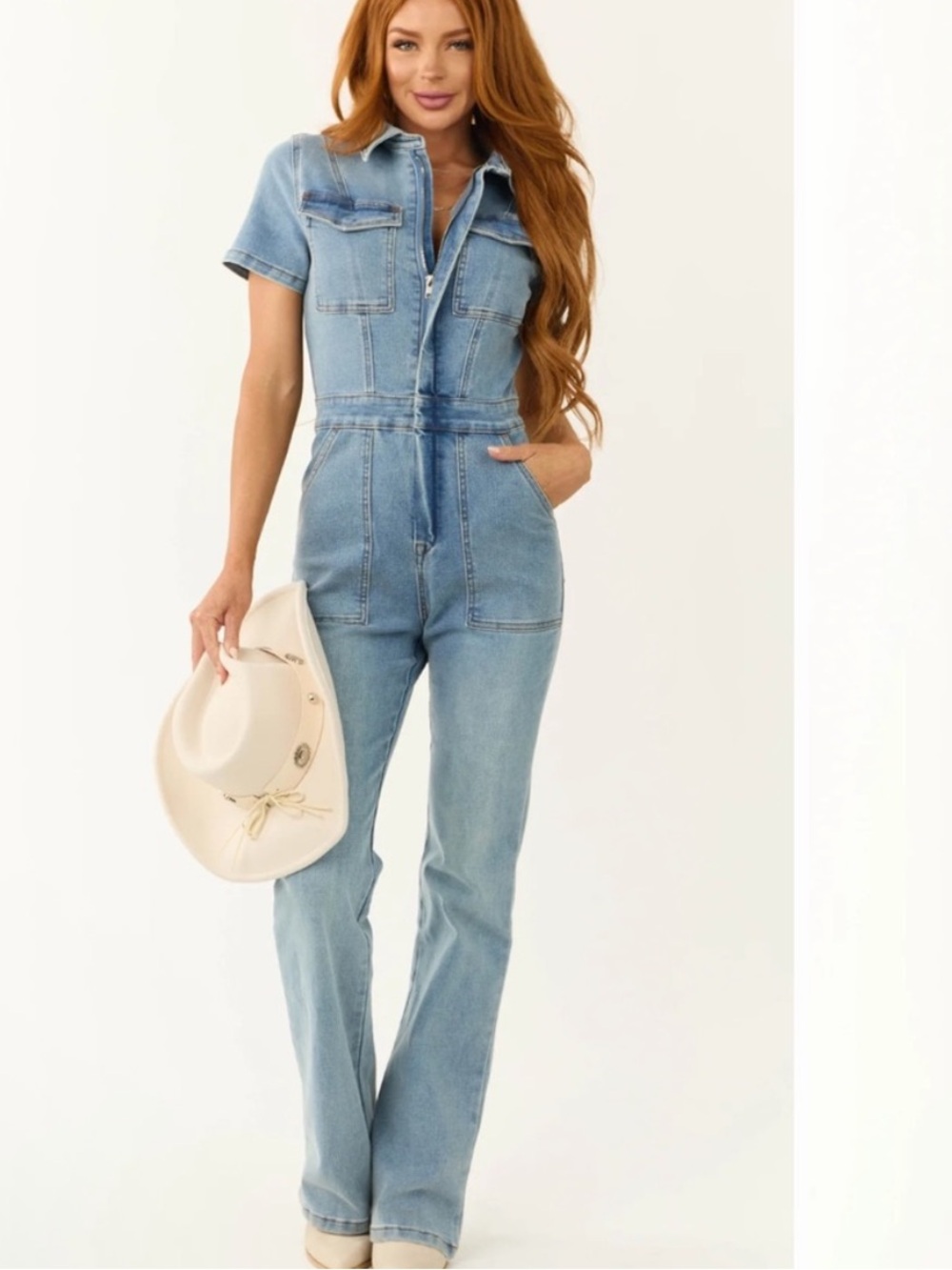 Good American Light Blue Denim Flare Jumpsuit Size Medium